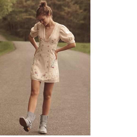 By Anthropologie Linen Blend Puff-Sleeve V-Neck Mini Dress 14 new nwt - Picture 4 of 7